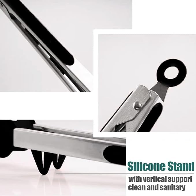 CRENTILA Kitchen Cooking Tongs Set of 3 Types, Stainless Steel-Silicone, Heavy Duty, Non-Stick Food Tong with Silicone Tips for Serving Pasta, Noodles, Pizza, Salad, Vegetable, Fruit, Grilling (Black) - Image 4