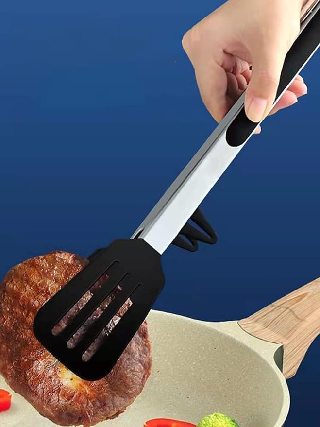 CRENTILA Kitchen Cooking Tongs Set of 3 Types, Stainless Steel-Silicone, Heavy Duty, Non-Stick Food Tong with Silicone Tips for Serving Pasta, Noodles, Pizza, Salad, Vegetable, Fruit, Grilling (Black) - Image 3