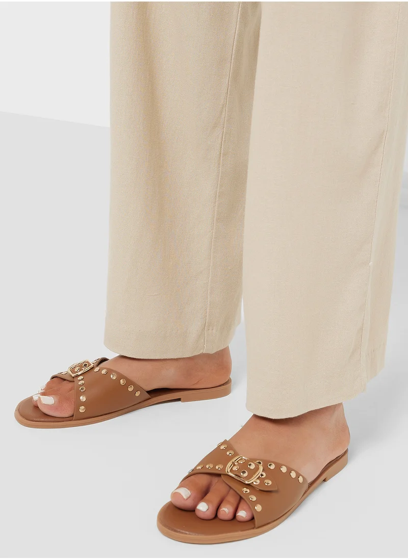 Ginger Chunky Buckle Studded Flat Sandal