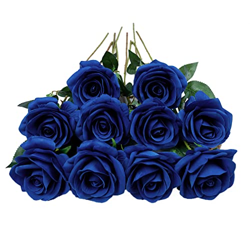 DuHouse 10pcs Fake Roses Artificial Silk Flowers Faux Rose Flower Long Stems Bouquet for Arrangement Wedding Centerpiece Party Home Kitchen Decor (Royal Blue) - Image 1