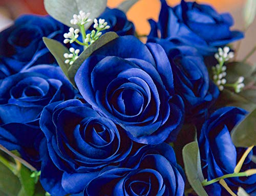 DuHouse 10pcs Fake Roses Artificial Silk Flowers Faux Rose Flower Long Stems Bouquet for Arrangement Wedding Centerpiece Party Home Kitchen Decor (Royal Blue) - Image 4