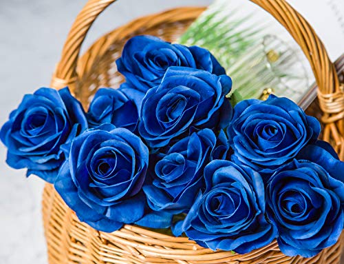DuHouse 10pcs Fake Roses Artificial Silk Flowers Faux Rose Flower Long Stems Bouquet for Arrangement Wedding Centerpiece Party Home Kitchen Decor (Royal Blue) - Image 5