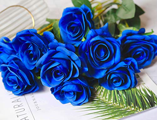DuHouse 10pcs Fake Roses Artificial Silk Flowers Faux Rose Flower Long Stems Bouquet for Arrangement Wedding Centerpiece Party Home Kitchen Decor (Royal Blue) - Image 3