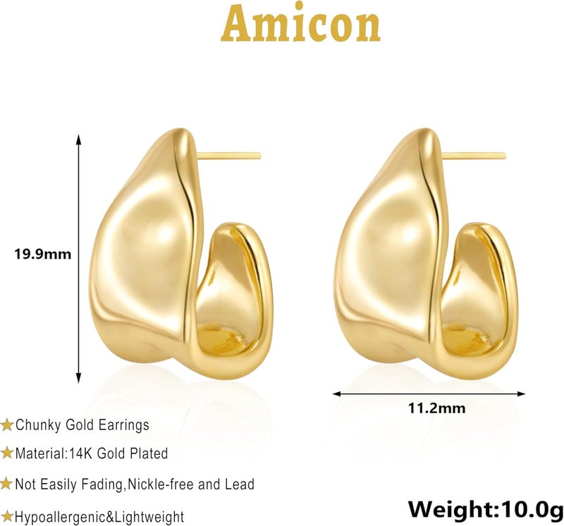 Amicon Chunky Gold Stud Earrings - 14k Gold Plated Hypoallergenic Statement Earrings for Women - Image 3