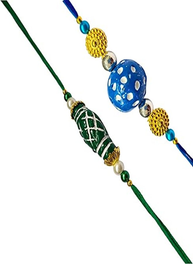 Krishna Rakhi for brother bhaiya kids designer rakhi for rakshabandhan with clay beads green oval and blue round envoirnment eco friendly combo set - Image 2