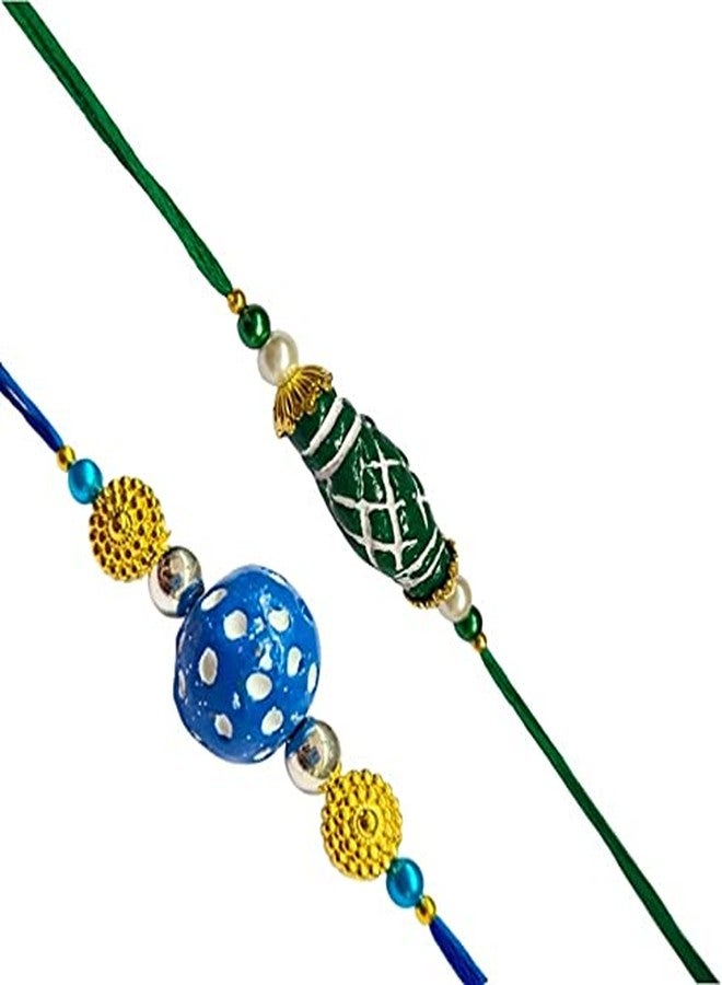 Krishna Rakhi for brother bhaiya kids designer rakhi for rakshabandhan with clay beads green oval and blue round envoirnment eco friendly combo set - Image 3