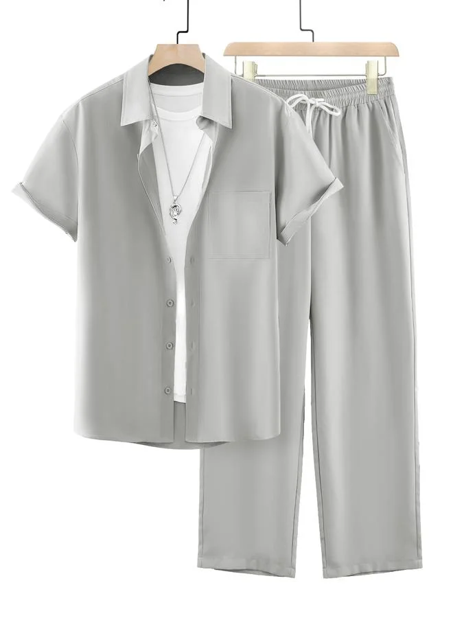Take Two Men Plus Size Solid Casual Shirt and Pants Co-ord Set