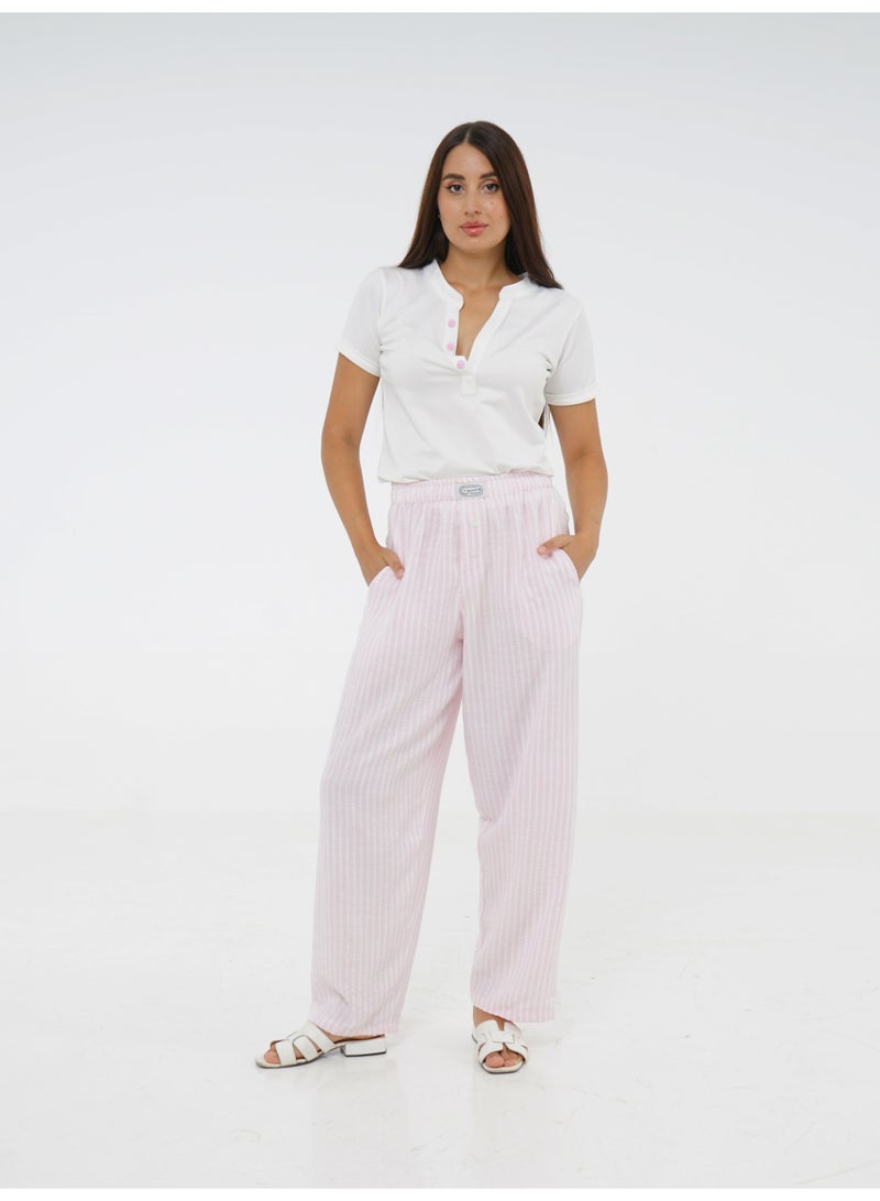 Wasan White Cotton with Pink Stripes Pants PJ Set - Image 1