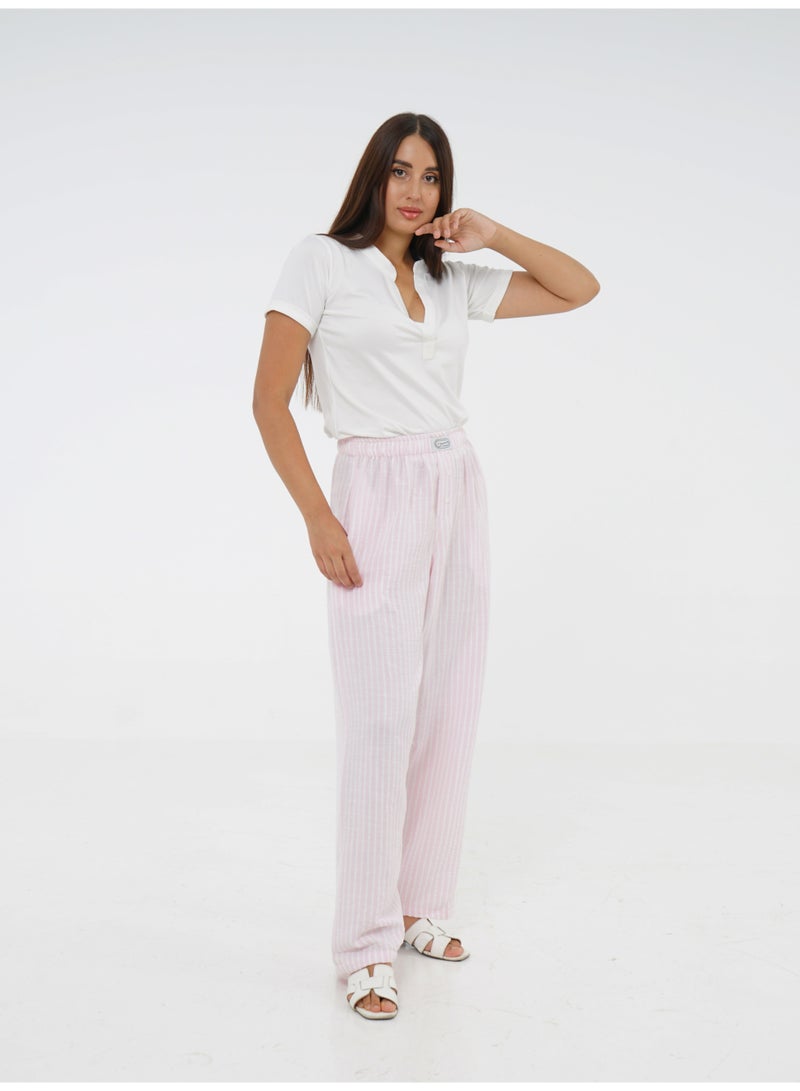 Wasan White Cotton with Pink Stripes Pants PJ Set - Image 2