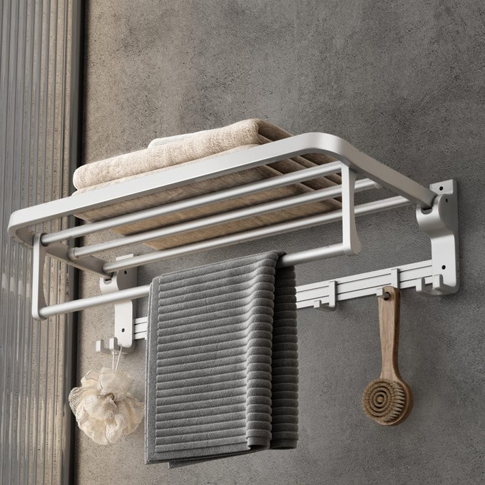 24 INCH TOWEL RACK WITH TOWEL BAR HOLDER FOLDABLE TOWEL SHELF WITH MOVABLE HOOKS RUSTPROOF TOWEL STORAGE WALL MOUNT FOR BATHROOM LAVATORY SILVER