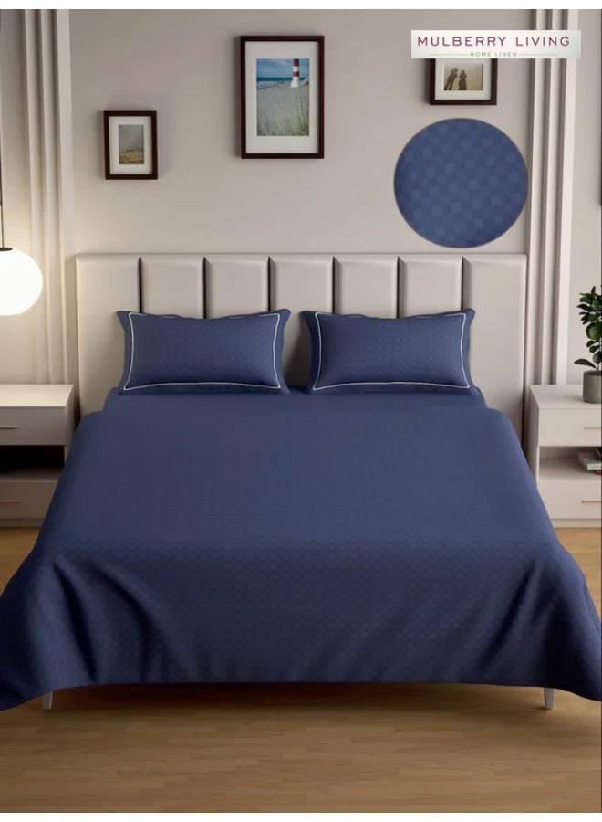 MULBERRY LIVING 100% Cotton - 300Tc Urban Grid King Size (260X280  Cms) Flat Bedsheet With 2 Pillow Covers (50X75 Cm) - Mediterranean Blue