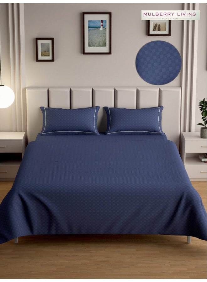 MULBERRY LIVING 100% Cotton - 300Tc Urban Grid King Size (260X280  Cms) Flat Bedsheet With 2 Pillow Covers (50X75 Cm) - Mediterranean Blue  - Image 1
