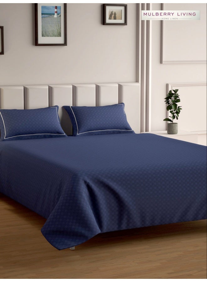MULBERRY LIVING 100% Cotton - 300Tc Urban Grid King Size (260X280  Cms) Flat Bedsheet With 2 Pillow Covers (50X75 Cm) - Mediterranean Blue  - Image 3