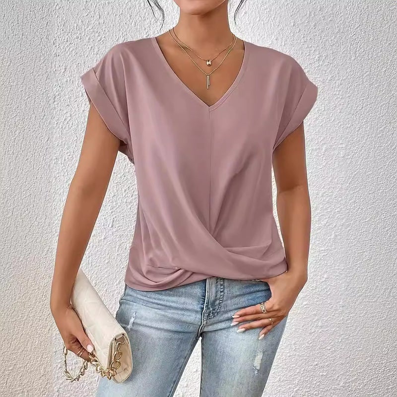 2025 Amazon cross-border explosions solid color V-neck T-shirt elegant short sleeve jacket spring and summer womens clothing Amazon cross-border Lotus color 