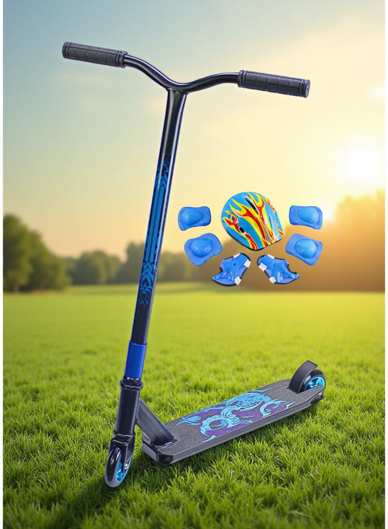 EASY FUTURE Pro Trick Scooter – 2 Wheels Stunt Scooter with Steel Brake, Wide T-Bar Handlebars, Aluminium Deck & Grip Tape Including Full Protective Gear Set - Image 1