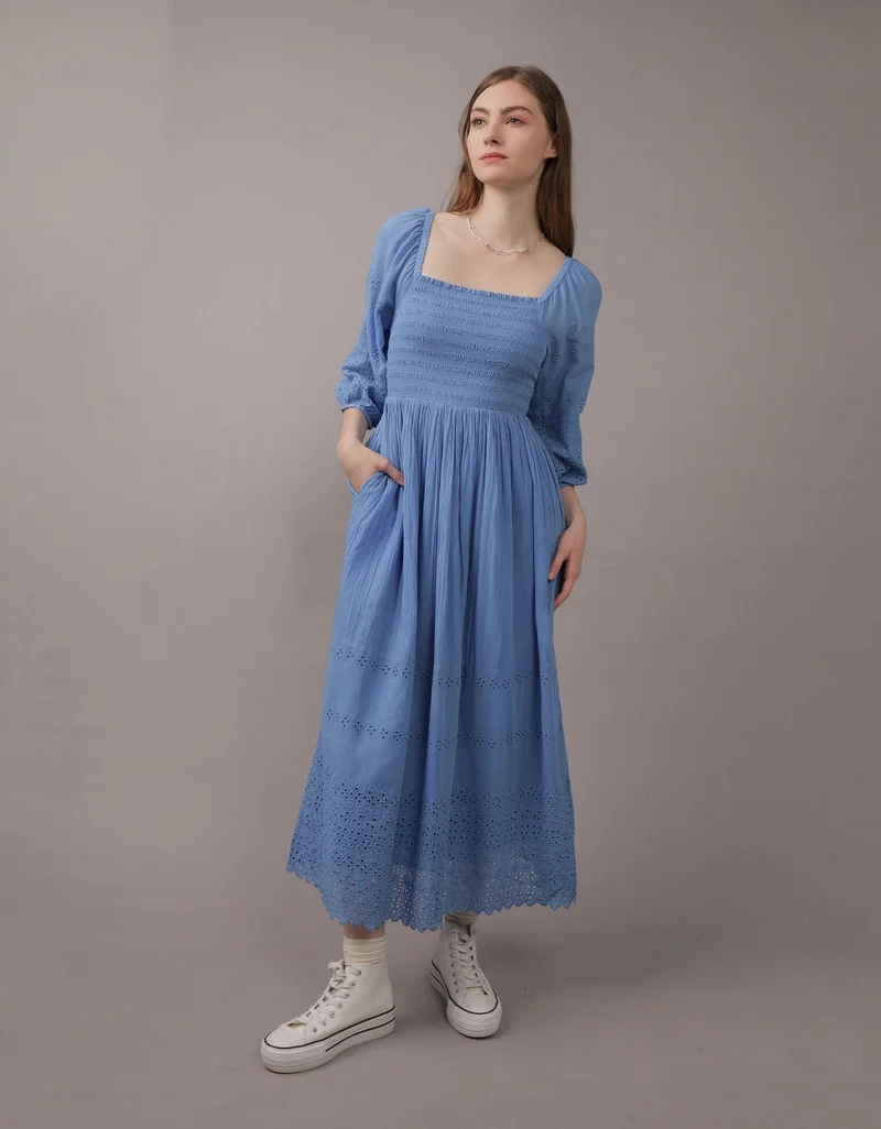 American Eagle AE Puff Sleeve Smocked Midi Dress