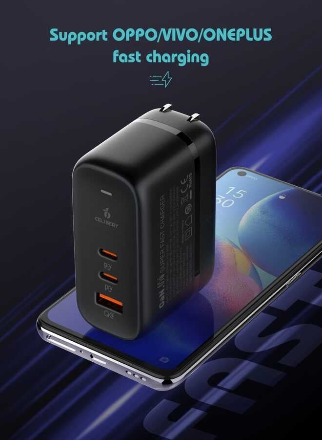 CELIBERY 65W Type C Charger,Super Fast GaN Wall Charger with 2 PD USB C 1 QC USB A Laptop Charger,3-Port Compact Foldable UK Plug Adaptor Black - Image 3