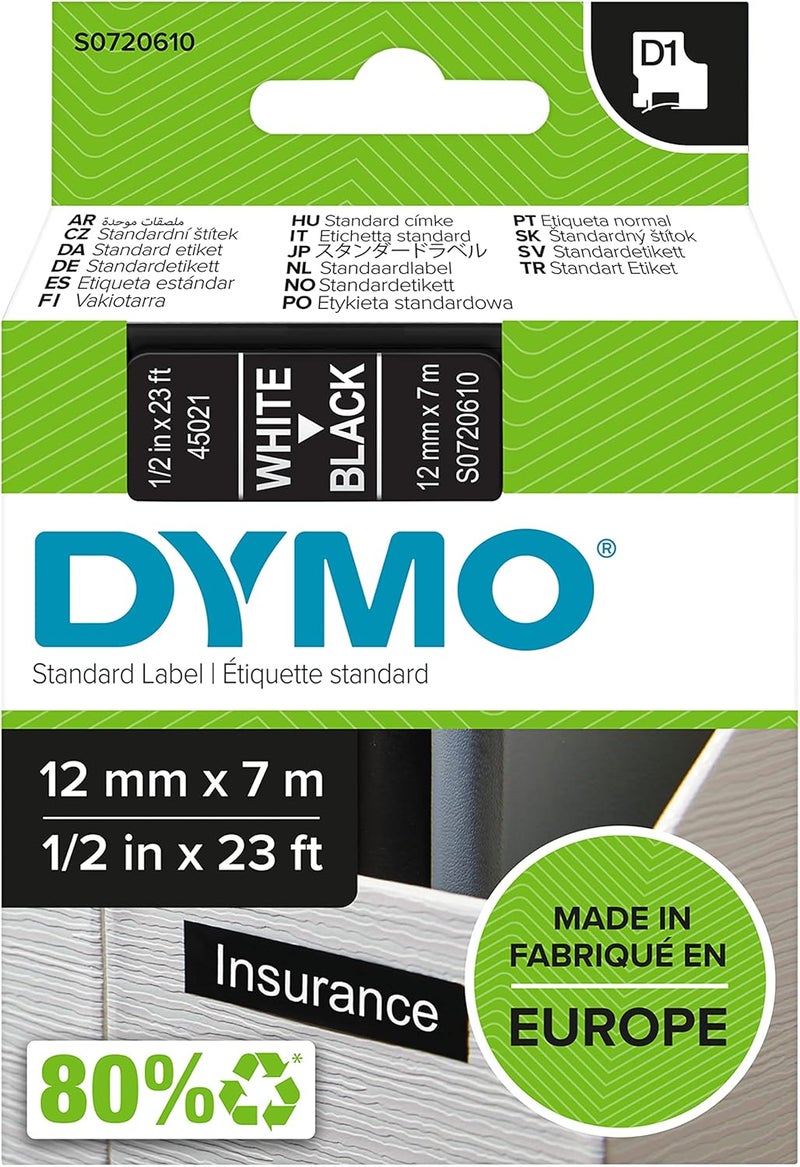 DYMO D1 Label Tape 12mm x 7m - White Print on Black Self-Adhesive Labels for Label Manager Printers - Image 1
