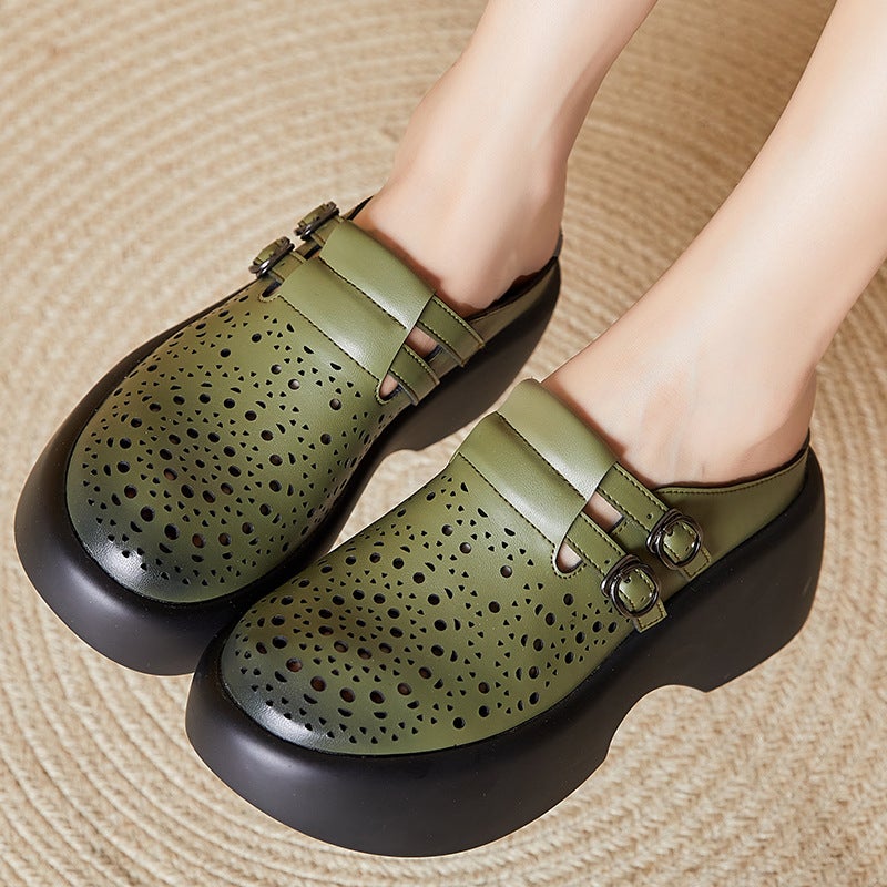 Concubine ethnic style comfortable Chinese style thick bottom hollow-out comfortable round head laser wedge sandals mom shoes - Image 5