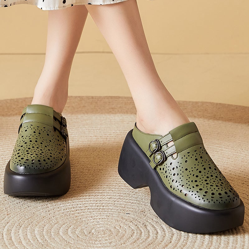 Concubine ethnic style comfortable Chinese style thick bottom hollow-out comfortable round head laser wedge sandals mom shoes - Image 3
