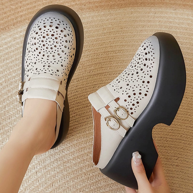 Concubine ethnic style comfortable Chinese style thick bottom hollow-out comfortable round head laser wedge sandals mom shoes - Image 4