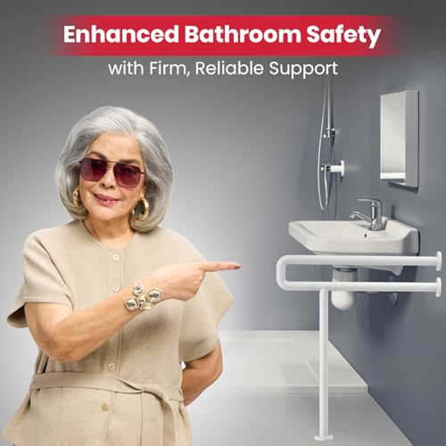 AGEasy (Max Group) Toilet Grab Bar with Floor Support (25 inches) | Wall Mounted Bathroom Safety Rail for Added Support | Anti-Rust Fixed Grab Bar with Anti-Slip Nylon Grip - Image 2