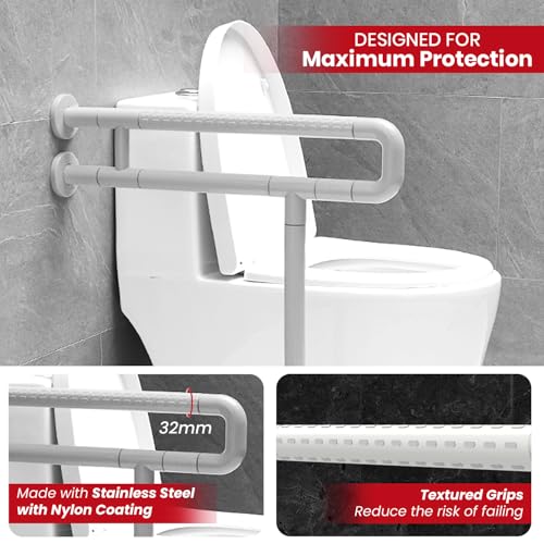 AGEasy (Max Group) Toilet Grab Bar with Floor Support (25 inches) | Wall Mounted Bathroom Safety Rail for Added Support | Anti-Rust Fixed Grab Bar with Anti-Slip Nylon Grip - Image 3