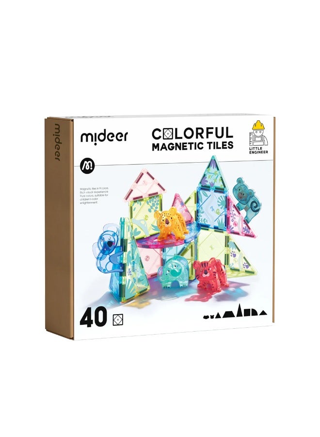 Mideer Colorful Magnetic Tiles Wonderful Forest 40 Pieces, STEM Building Toy with Geometric & Animal Pieces, Transparent Magnetic Blocks with Storage Bag for Ages 3+ - Image 1