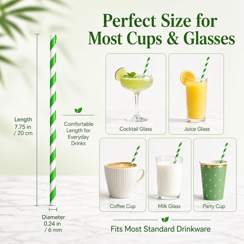 Haundry Green Paper Straws, 100 Count Disposable Drinking Straws, Green and White Striped Paper Straws, 7.75 x 0.24 in, for Cocktails, Milkshakes, Smoothies, St. Patrick’s Day and Christmas Parties - Image 2