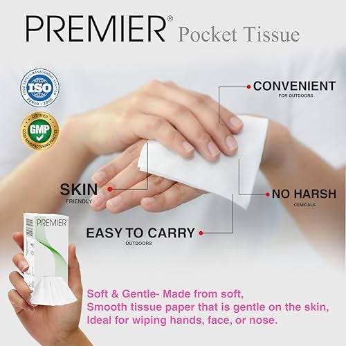 Premier 2-Ply Facial Pocket Tissue Paper - Pack of 20 (15 Pulls Each, 300 Sheets Total) - Soft, Travel-Friendly, Handy Tissue for Face and Hands - Image 5