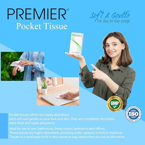Premier 2-Ply Facial Pocket Tissue Paper - Pack of 20 (15 Pulls Each, 300 Sheets Total) - Soft, Travel-Friendly, Handy Tissue for Face and Hands - Image 3