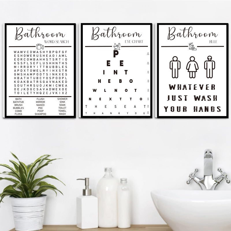 Framed Funny Bathroom Wall Art Black and White Bathroom Decor Word Search Pee Eye Chart Wash Your Hand 12x16 inches Set of 3 Framed