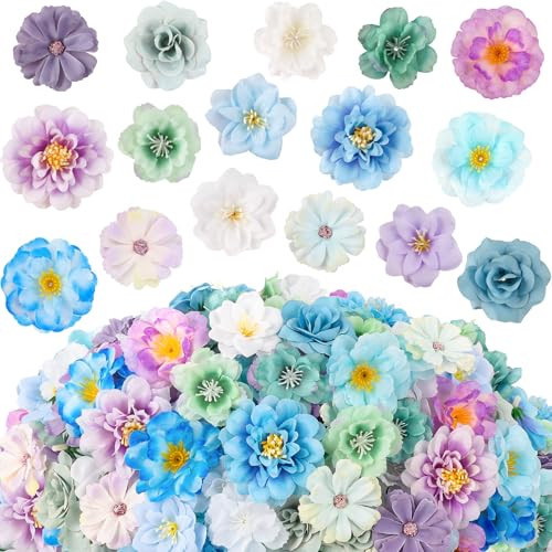 ATTGREAT 210 Pcs Mini Silk Flower Heads Small Fake Rose Daisy Faux Flowers Bulk for Crafts Artificial Loose Fabric Flowers Heads Sunflower Bulk for Wedding Hair Cap Dresses Decorations (Blue) - Image 1