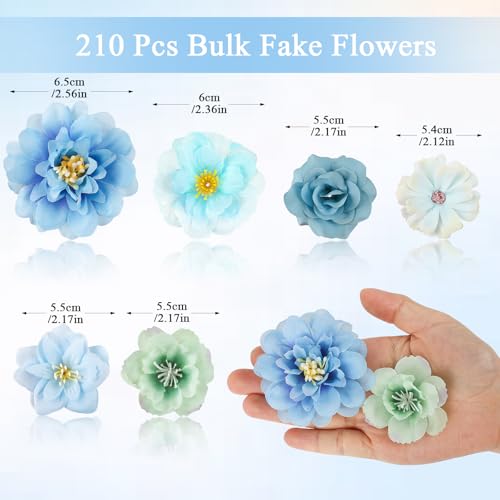 ATTGREAT 210 Pcs Mini Silk Flower Heads Small Fake Rose Daisy Faux Flowers Bulk for Crafts Artificial Loose Fabric Flowers Heads Sunflower Bulk for Wedding Hair Cap Dresses Decorations (Blue) - Image 2