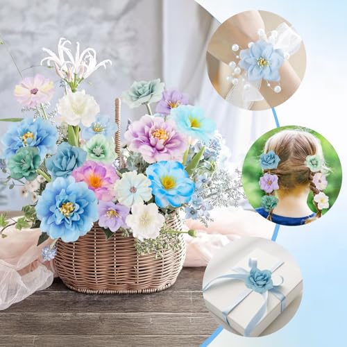 ATTGREAT 210 Pcs Mini Silk Flower Heads Small Fake Rose Daisy Faux Flowers Bulk for Crafts Artificial Loose Fabric Flowers Heads Sunflower Bulk for Wedding Hair Cap Dresses Decorations (Blue) - Image 3