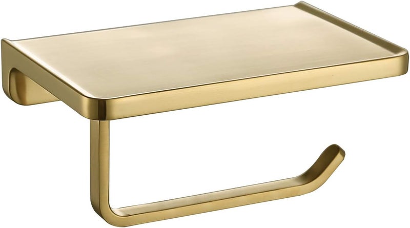 TRUSTMI Toilet Paper Holder with Phone Shelf Bathroom Accessories Tissue Roll Dispenser Storage Wall Mounted Brushed Gold - Image 1