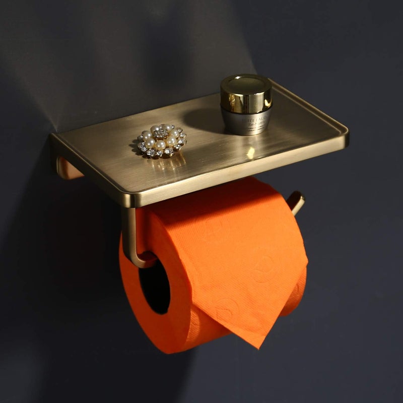 TRUSTMI Toilet Paper Holder with Phone Shelf Bathroom Accessories Tissue Roll Dispenser Storage Wall Mounted Brushed Gold - Image 2