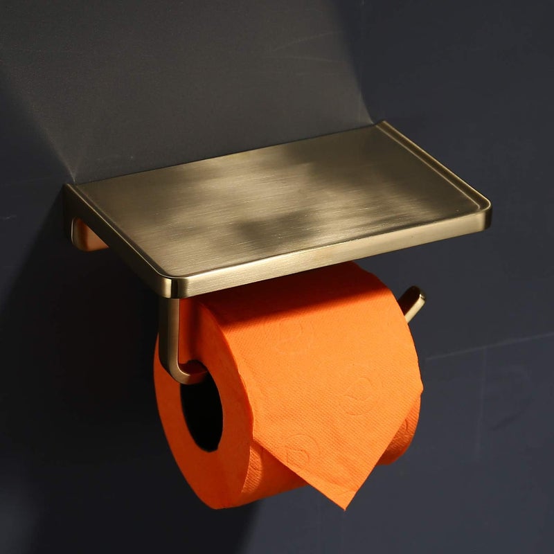 TRUSTMI Toilet Paper Holder with Phone Shelf Bathroom Accessories Tissue Roll Dispenser Storage Wall Mounted Brushed Gold - Image 3