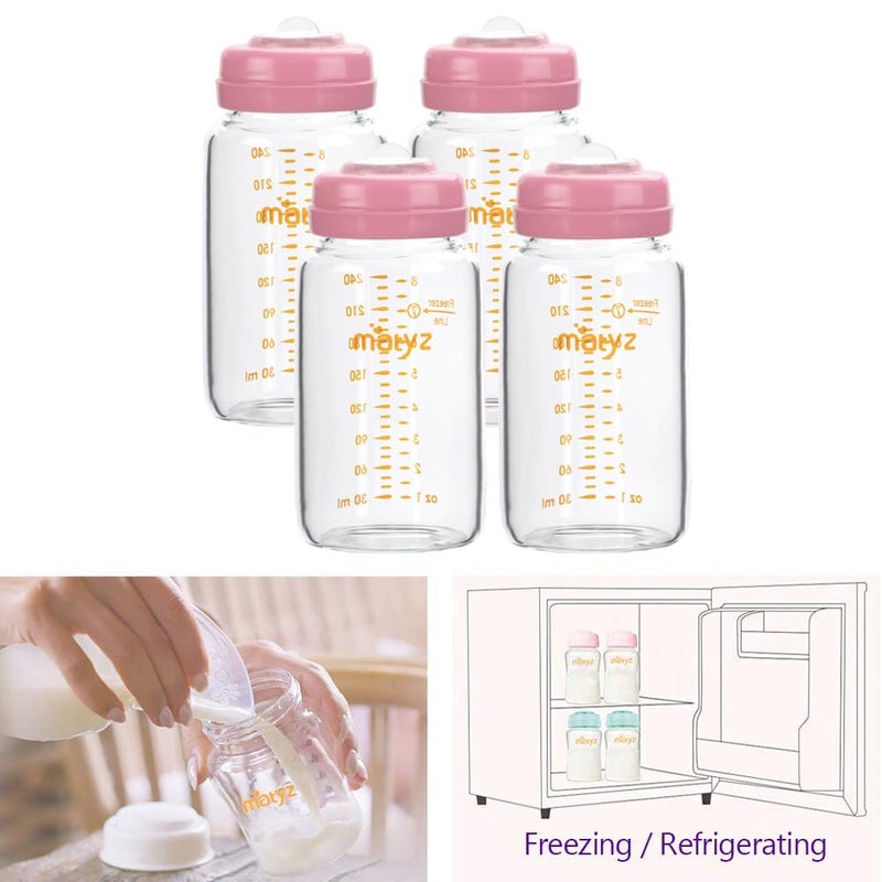 Matyz Glass Breastmilk Storage Containers 4 Pack 8 oz Bottle Fit with Spectra Medela Philips Avent Pump  Wide Mouth Breastmilk Collection and Storage Bottle with Lids  No BPA Pink Lids - Image 3