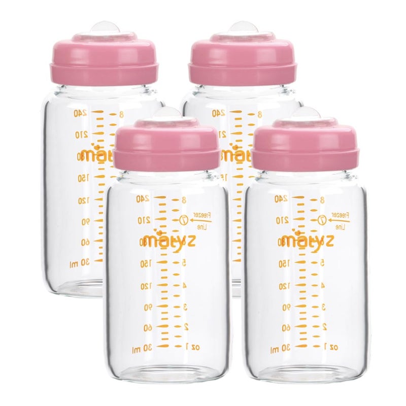Matyz Glass Breastmilk Storage Containers 4 Pack 8 oz Bottle Fit with Spectra Medela Philips Avent Pump  Wide Mouth Breastmilk Collection and Storage Bottle with Lids  No BPA Pink Lids - Image 1
