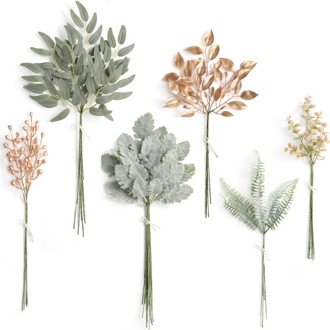 ARTIFICIAL GREENERY SPRAY BOX SETPACK OF 54PCS WITH 6 KINDS OF GOLDEN GREEN FILLER FOR WEDDING BOUQUET TABLE CENTERPIECES AND FLORAL ARRANGEMENT GOLDENGREEN