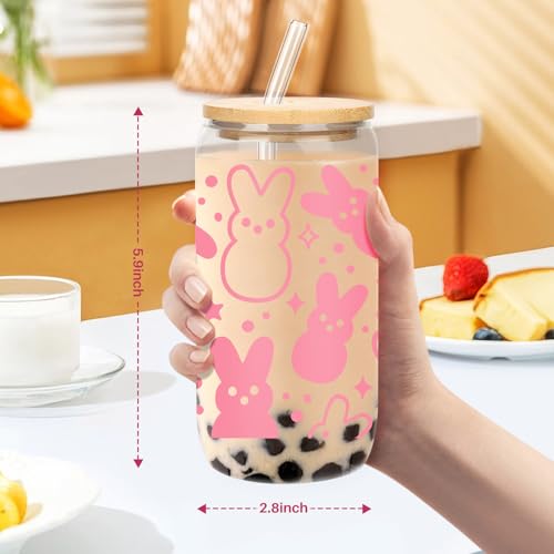BOYIN HUES Easter Bunny Cup, Easter Gifts for Women Girls Kids, Teens Basket Stuffers, Cute 16oz Glass Iced Coffee Cup with Lid And Straw (Pink) - Image 5