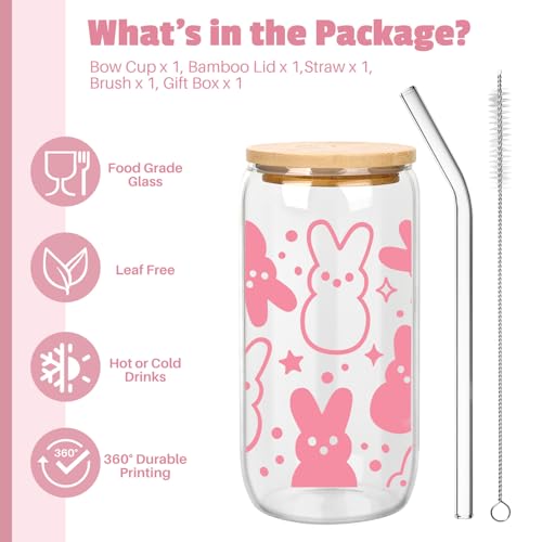 BOYIN HUES Easter Bunny Cup, Easter Gifts for Women Girls Kids, Teens Basket Stuffers, Cute 16oz Glass Iced Coffee Cup with Lid And Straw (Pink) - Image 3