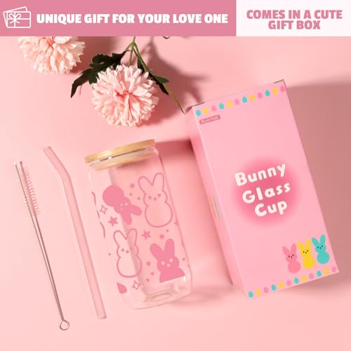 BOYIN HUES Easter Bunny Cup, Easter Gifts for Women Girls Kids, Teens Basket Stuffers, Cute 16oz Glass Iced Coffee Cup with Lid And Straw (Pink) - Image 2