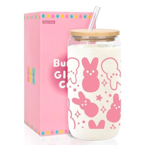 BOYIN HUES Easter Bunny Cup, Easter Gifts for Women Girls Kids, Teens Basket Stuffers, Cute 16oz Glass Iced Coffee Cup with Lid And Straw (Pink) - Image 1