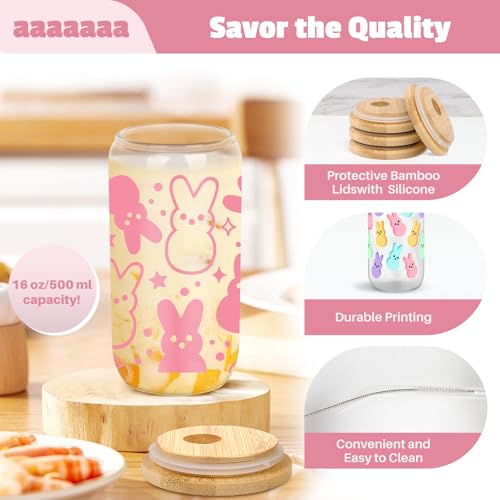 BOYIN HUES Easter Bunny Cup, Easter Gifts for Women Girls Kids, Teens Basket Stuffers, Cute 16oz Glass Iced Coffee Cup with Lid And Straw (Pink) - Image 4