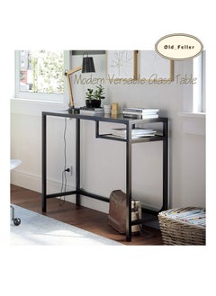 Old_Feller Modern Versatile Glass Entryway Table, Laptop Table ,Steel Black Tempered Glass Sofa Table, Metal Frame, Easy to Assemble, Adjustable Feet, for Living Room, Hallway, Black 74X100X36cm  - Image 1