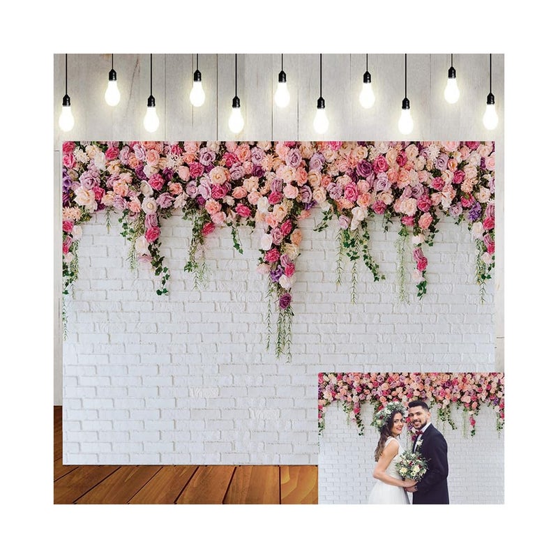 LTLYH 10x8ft White Brick Wall Flowers Background Spring Theme Photography Backdrop for Mothers Day Valentine Wedding Bridal Baby Shower Birthday Party Decor Banner Portrait Photo Booth Prop 134