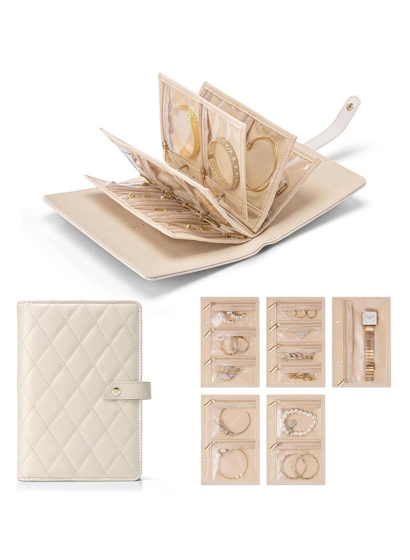 Relex Travel Jewelry Organizer Case,Valentines Day Gifts for Her, Portable Jewelry Organizers Storage Book with Clear Zipper Velvet Jewelry Pouch Bag for Travel Essentials, Ring, Earring, Cream White  - Image 1