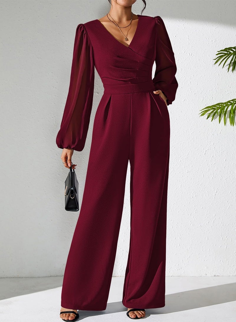 Pink Queen Wedding Jumpsuits for Women Lantern Sleeve Zipper Wide Leg Long Pants Cocktail Rompers Burgundy L - Image 3
